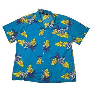 Vintage 80s Hawaiian Floral Button Up Casual Shirt Teal Blue Yellow Mens XL